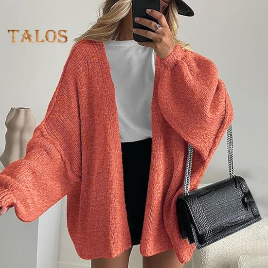 Cardigan feminino lanterna manga longa cor sólida oversized malha cardigan frente aberta leve suéter outwear