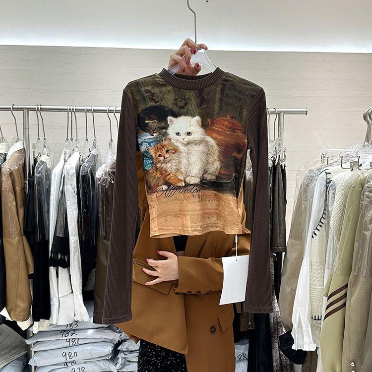 

Футболки женские с длинным рукавом, облегающие, с круглым вырезом, с рисунком маслом, в европейском стиле, ретро, винтажные, повседневные, универсальные, модные, шикарные, мягкие M кофейный