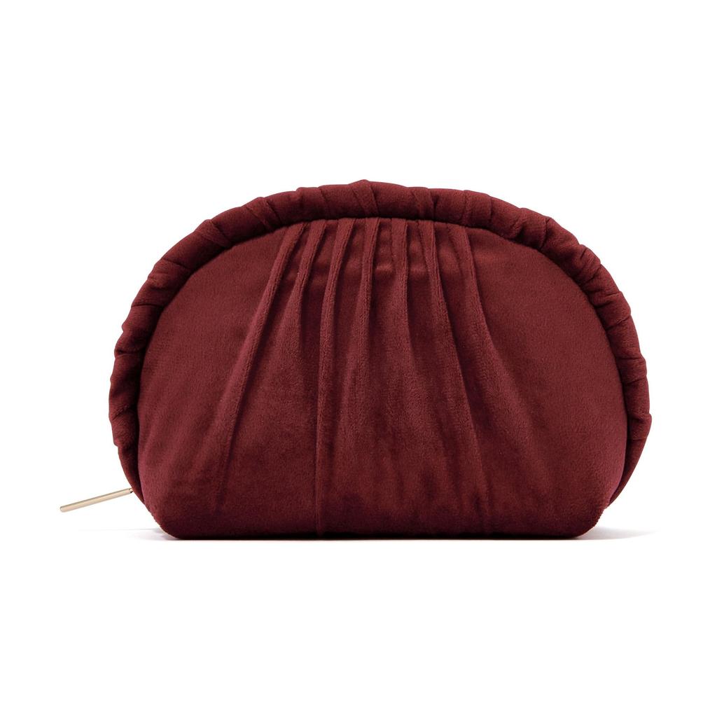 Francfranc Velvet Pleated with Compact Cosmetic Storage Pouch, Small, Wine, Pocket,