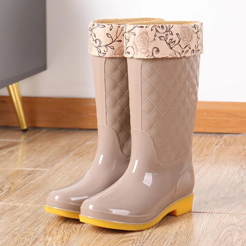 Maogu Femmes Adulte Travail Tube Haut Chaussures d'Eau Antidérapantes Chaussure d'Automne Couleur Unie Imperméable Plaid Botte en Caoutchouc 2024 Bottes Neige Pluie