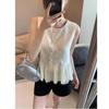 Women Pearl Button Ruffle Hem Sleeveless Blouse