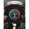 Bunt bedrucktes Baum des Lebens Baumwoll-T-Shirt in Übergröße, bequem und atmungsaktiv für Freizeitkleidung