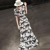 Lanseer French Style Floral Print Ruffle A-Line Dress