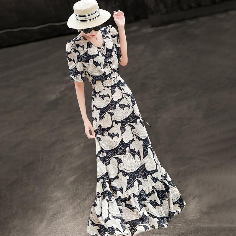 Lanseer French Style Floral Print Ruffle A-Line Dress
