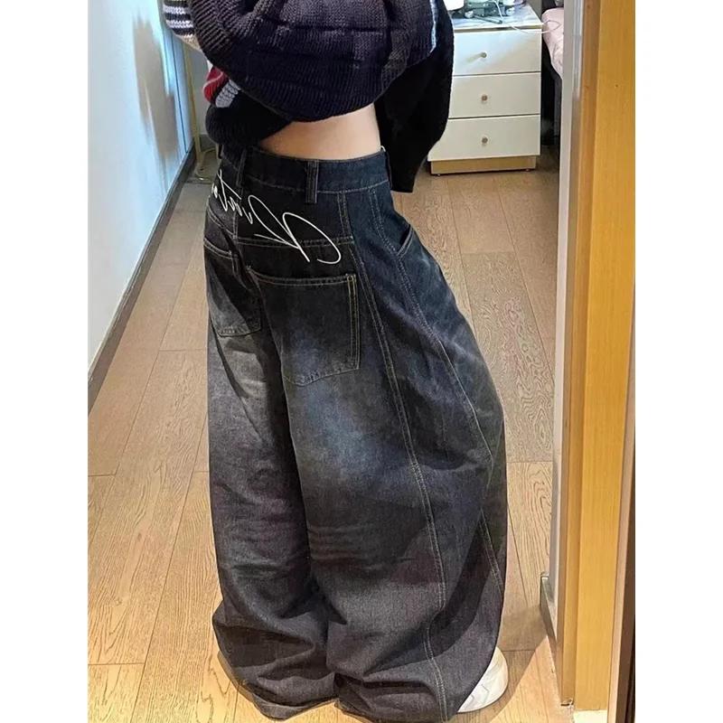 Ležérní dámské Y2K volné pytlovité džíny modré prané High Street Vintage cargo kalhoty široké nohavice oversized kalhoty Y2K kalhoty