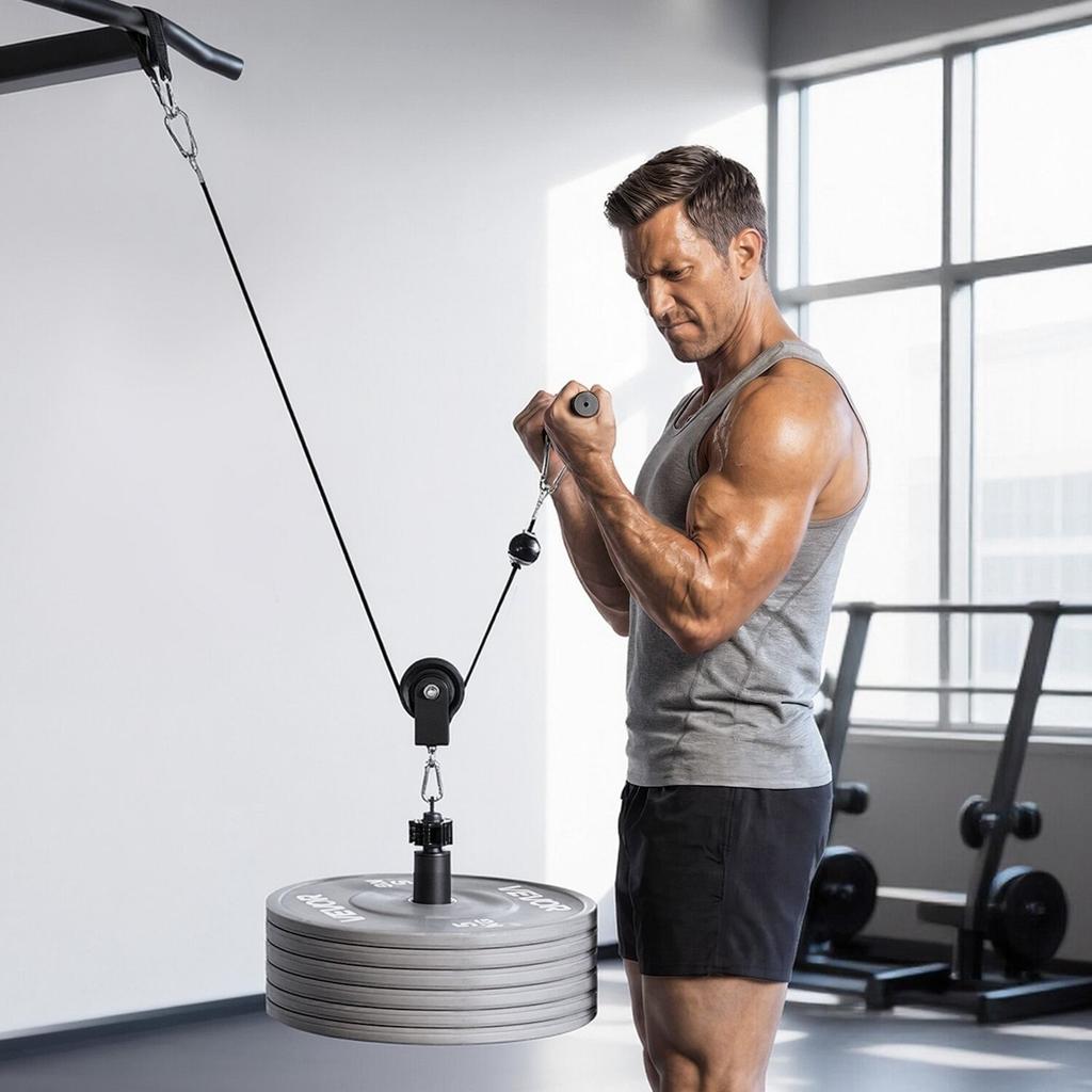 Pulley System, 1 PC LAT and Lift Pulley System, Gym Rack Pulleys Attachment with two Steel Cables, Short Bar, Dual Grip Handles, Cable Machine for