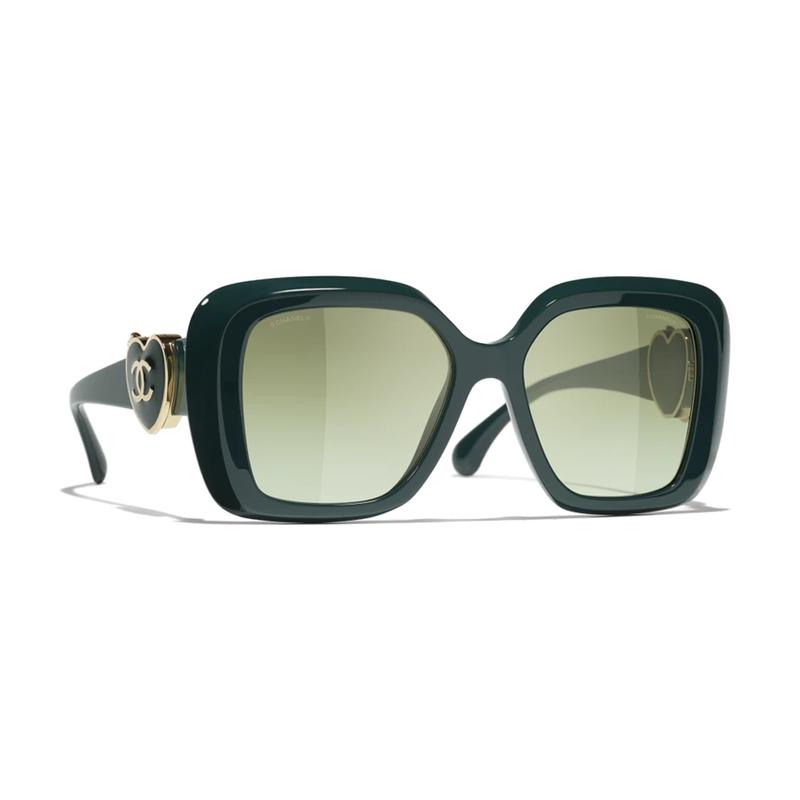 CHANEL Logo temples, acetate fiber, square sunglasses, same style for men and women, green