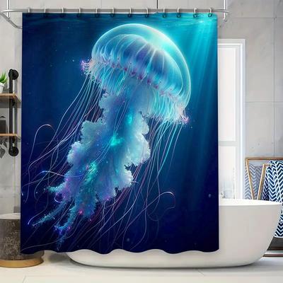 Stunning Blue Jellyfish Shower Curtain for Modern Bathrooms Waterproof Fabric with Fringe Design Perfect Decorative Touch