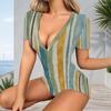 Women Plus Size Blue White Striped Printed V Neck Short Sleeve Button Front Fitted Romper Shorts