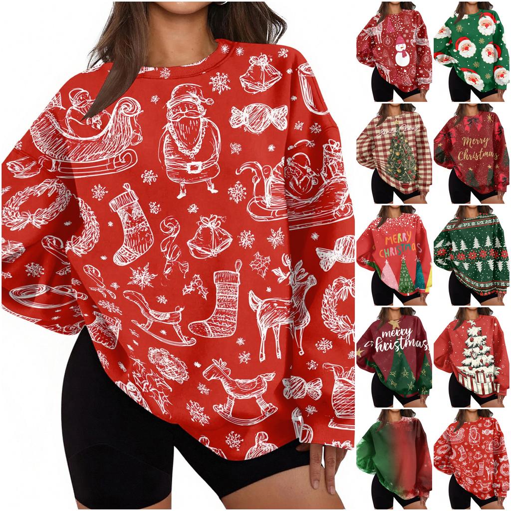 Women's Christmas Print Crewneck Sweatshirt, Lightweight Casual Trendy Pullover for Holiday Wear