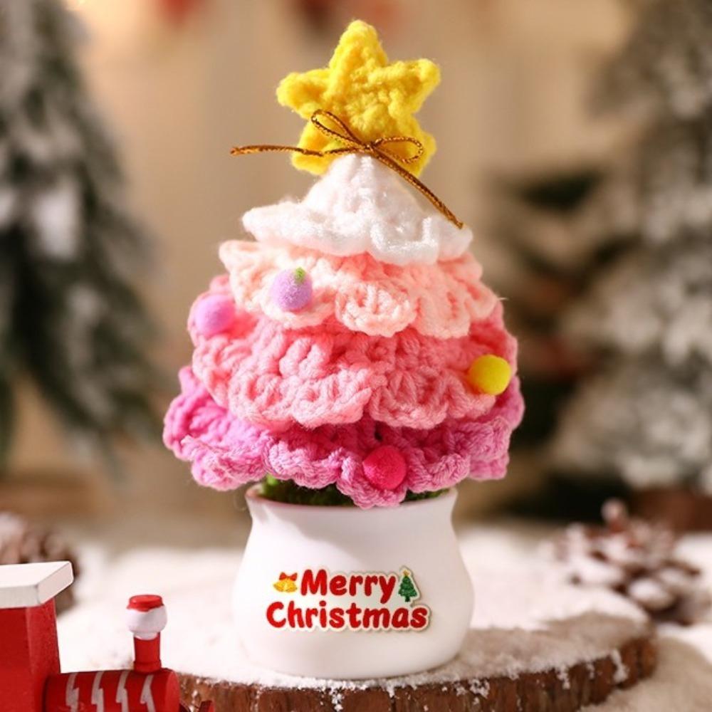Mini Hand Woven Christmas Tree Crochet Tree Figurines Christmas Tree Decor Finished Tabletop Ornament Christmas Tree Potted