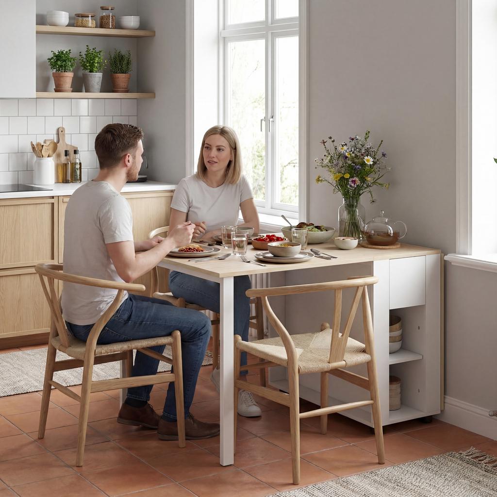 Folding Table for 6 People, 168 cm Large Extendable Dining Table with 2 Drawers & 4 Storage Compartments