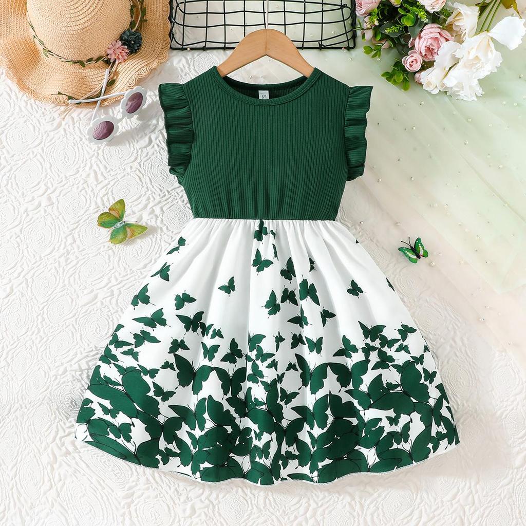 Girls' Sleeveless Butterfly Print Dress & Belt Set