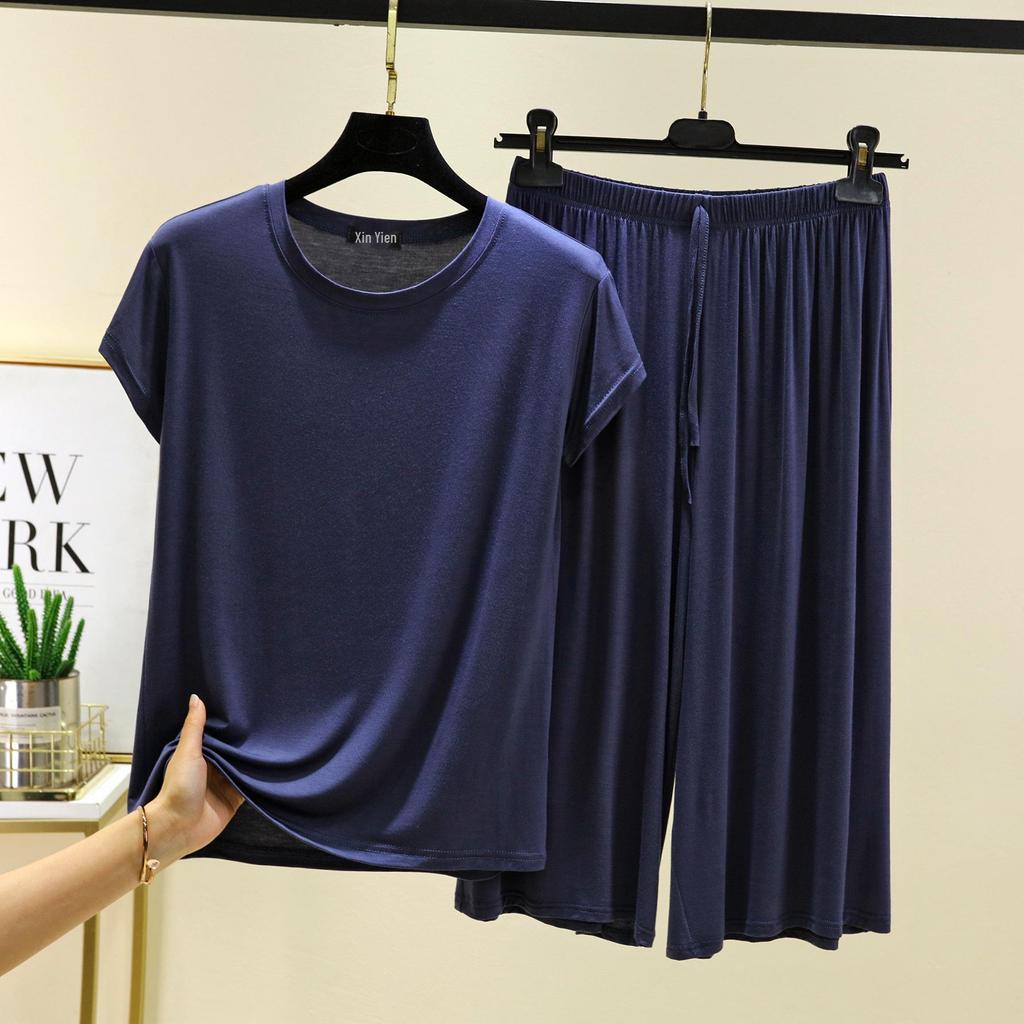 Women's Plus Size Modal Short Sleeve Casual Set - Korean Style Wide Leg Pants Two-Piece Homewear