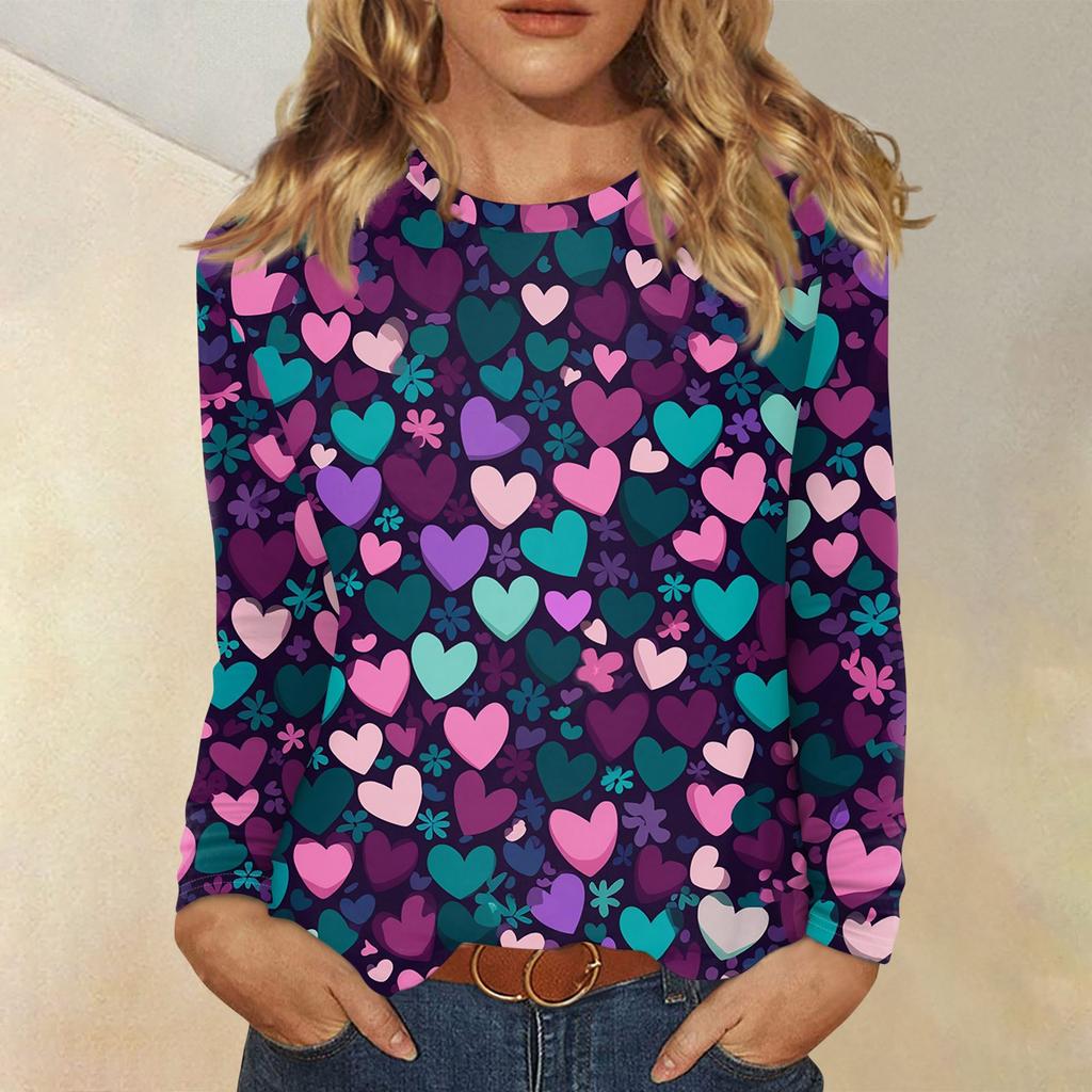 Damen Valentinstag Modisches Herzmuster Rundhals Langarm Pullover Top