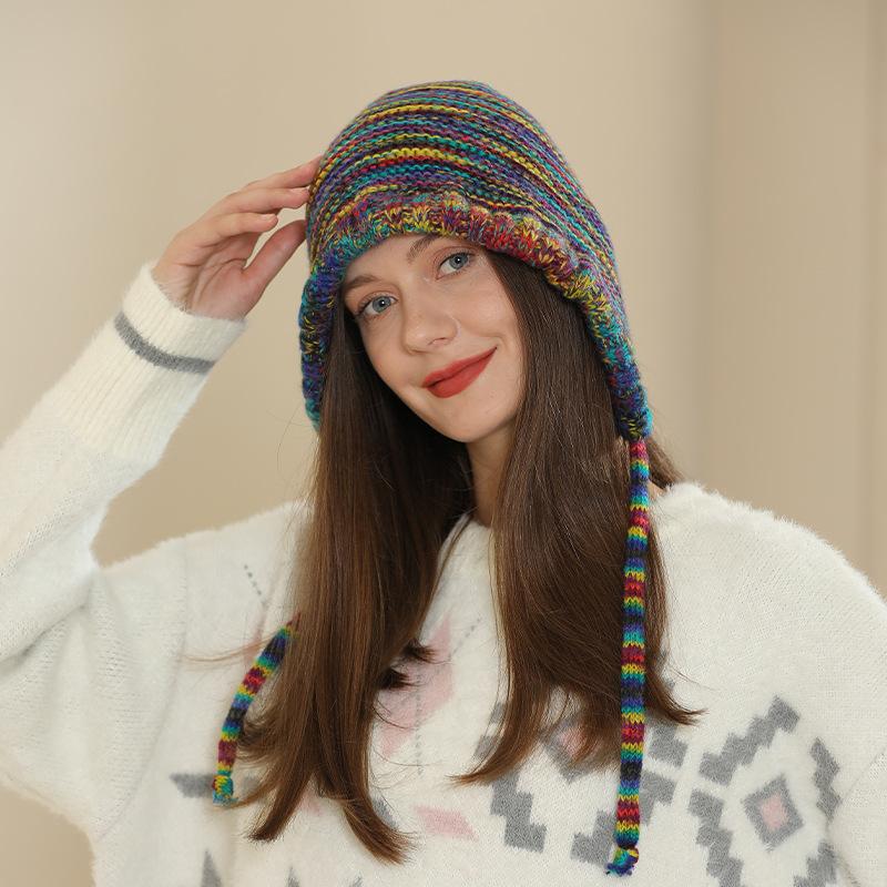 

Autumn and winter color hat strap pullover hat warm gradual change knitted hat women s age-reducing wool hat різнокольоровий
