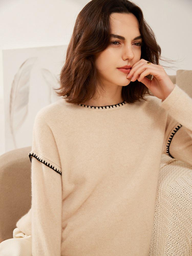 Autumn/Winter 100% Cashmere Versatile Clip-Edge Round Neck Sweater