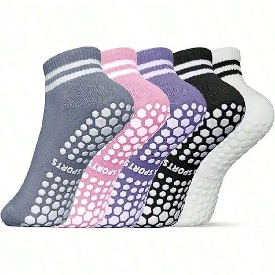 5 Pares de Calcetines Antideslizantes para Mujer, Calcetines Antideslizantes para Pilates Yoga con Doble Raya, Calcetines Antideslizantes para Entrenamiento, Ballet, Calcetines Deportivos 35-39 gray