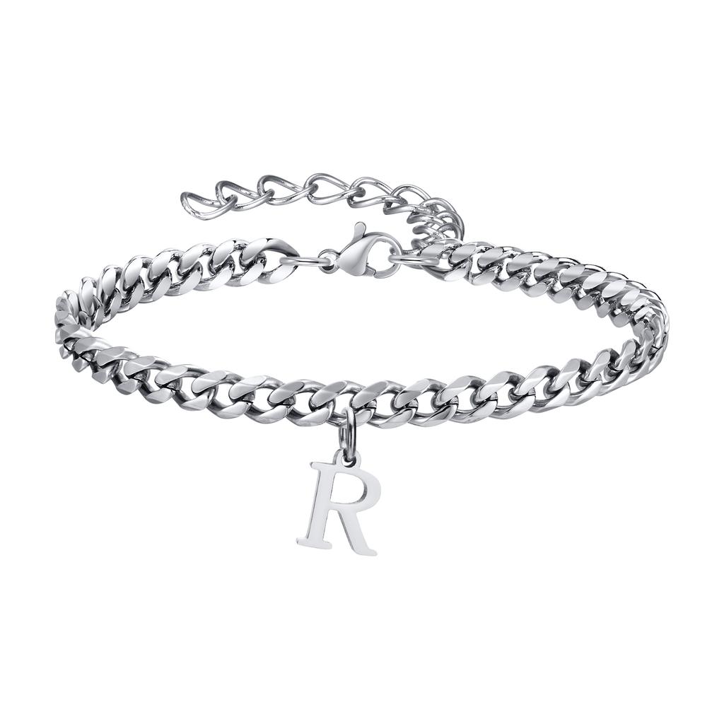 Mens Initials Cuban Links Bracelets,Stainless Steel A-Z 26 Letters Alphabet Charm Chain Wristband Adjustable,Casual Jewelry Gift