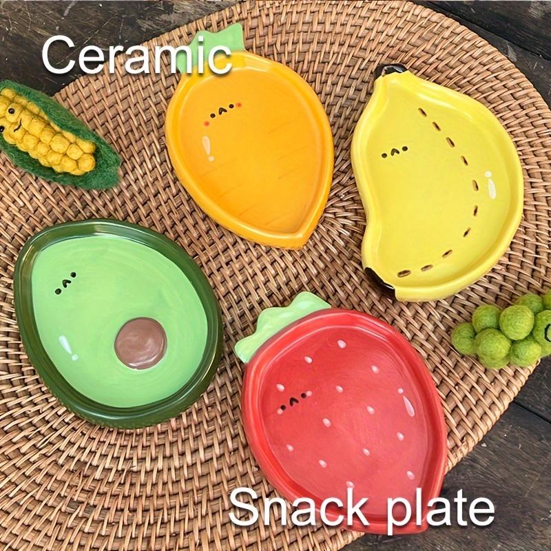 4pcs Ceramic Snack Plates , Cute Cartoon Fruit Design ,Orange Slice, Avocado, Strawberry, Corn, for Desserts, Dips, Sushi , Seasonings