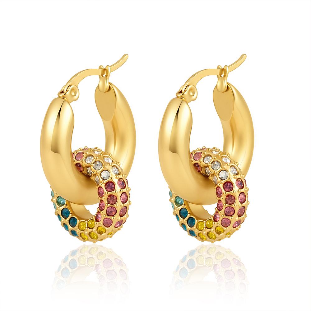 18K Gold Inlaid Zircon Double Ring Earrings - Fashionable Geometric Luxury Hoops for Women