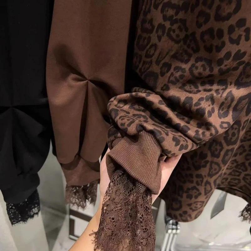 Tops for Women Long Sleeve Shirts Leopard-Print Lace Oversize Casual Shirt Loose Blouse Pullover Tops
