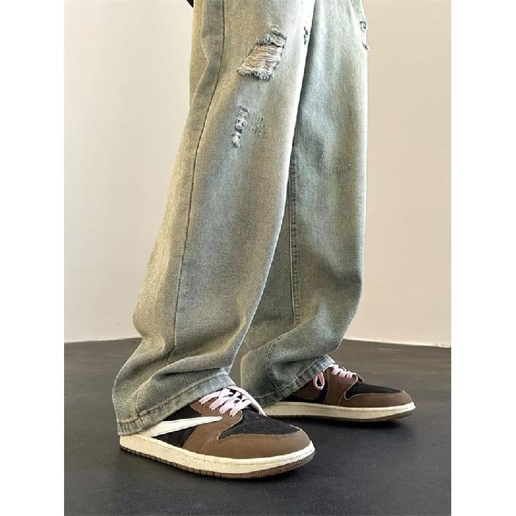 Herren-Jeans im Retro-Stil, gewaschen, Vintage, weites Bein, lockere, gerade Beinform, lässig, vielseitig, lange Hängehose