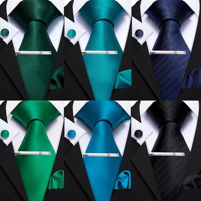Barry.Wang Corbatas para hombre, color verde y azul, con clip de corbata plateado, corbata de seda para boda, gemelos y pañuelo, conjunto de negocios