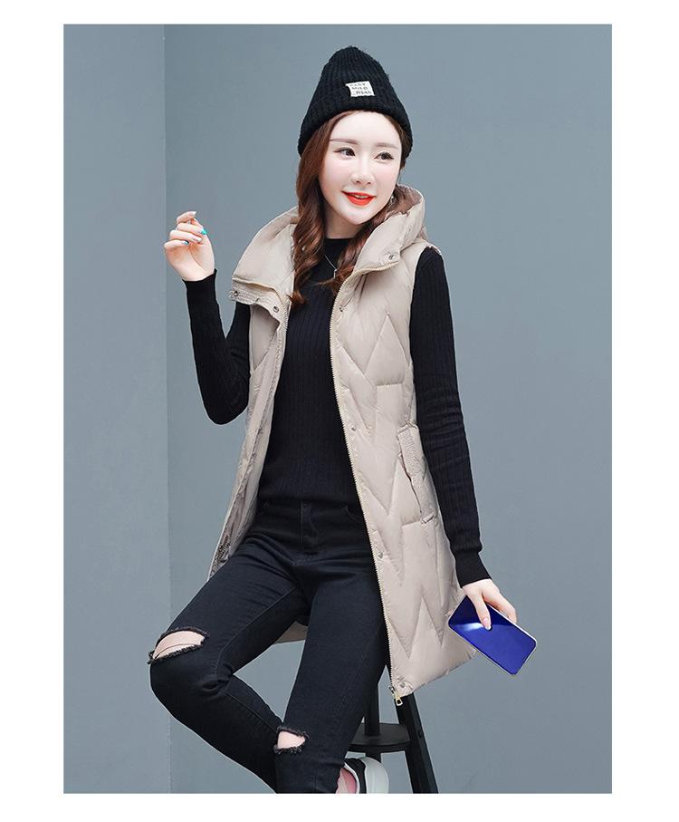 Outono e inverno feminino cor sólida com capuz solto espessamento quente meados de comprimento sem mangas colete jaqueta feminina