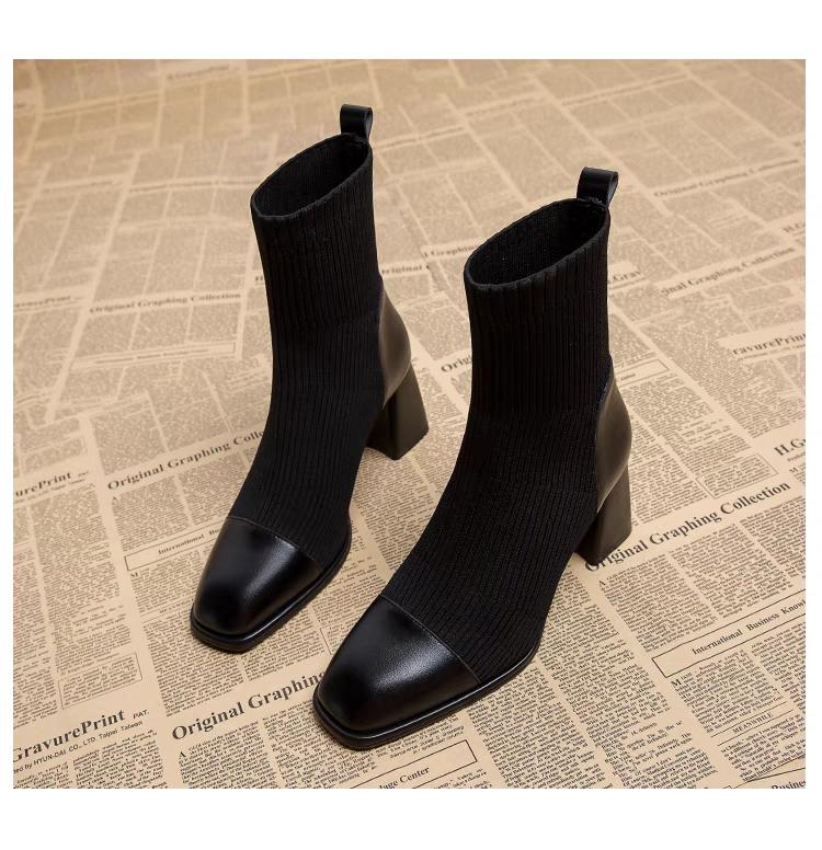 Fashion Thick High Heel Short Boots Autumn Winter New Popular Square Headed knit Ankle Boots for Women Black Brown Elastic Heeled Boots