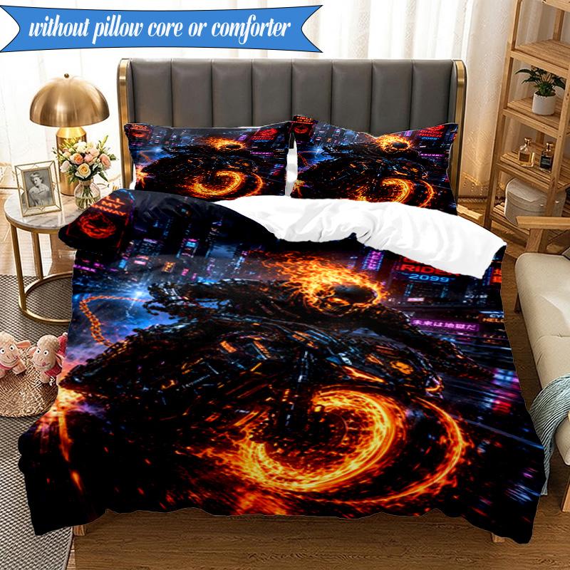 3PCS Ghost-Rider On Fire Bedding Set,Including 1pc Duvet Cover And 2pcs Pillowcases Perfect for Bedroom, Dormitory, Fan Christmas gift
