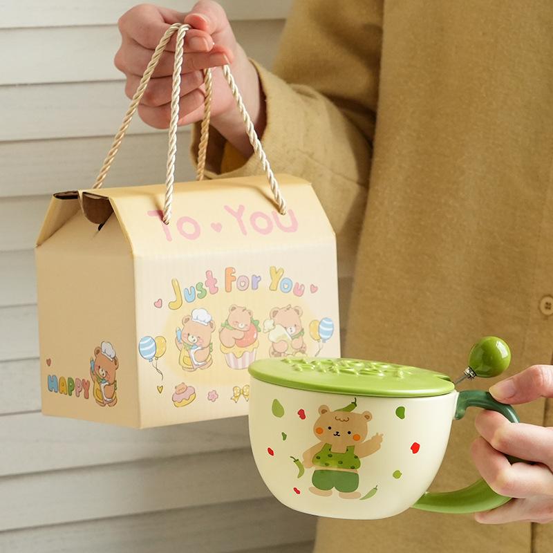 Cute And High-Value Bear Ceramic Cup With Lid And Spoon, Home Office Couple Water Cup Girl Gift