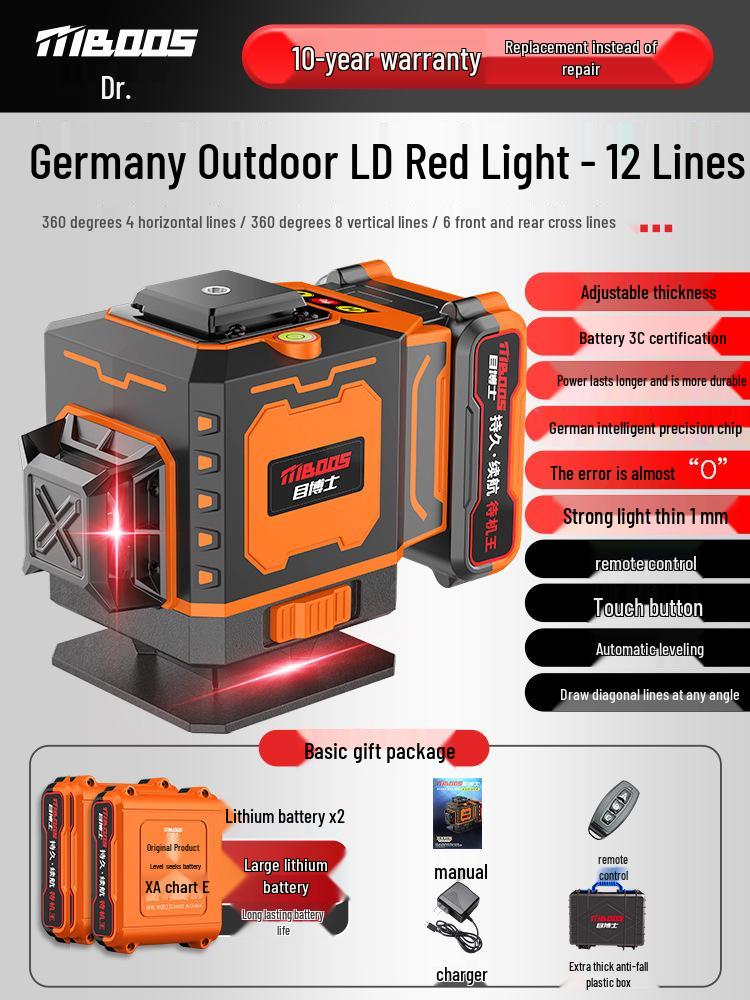 Nível Laser Infravermelho Automático de Alta Precisão de 12 Linhas para Uso Interno/Externo