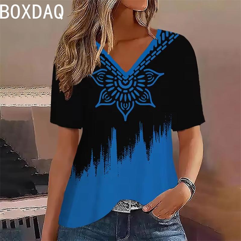 Summer short sleeved V-neck casual loose top elegant T-shirt