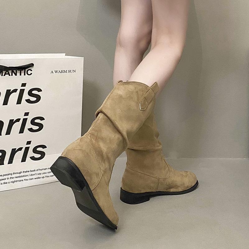 

Cowhide version thick heel pleated stacked boots women s shoes new autumn and winter western thin and thin 40 хакі