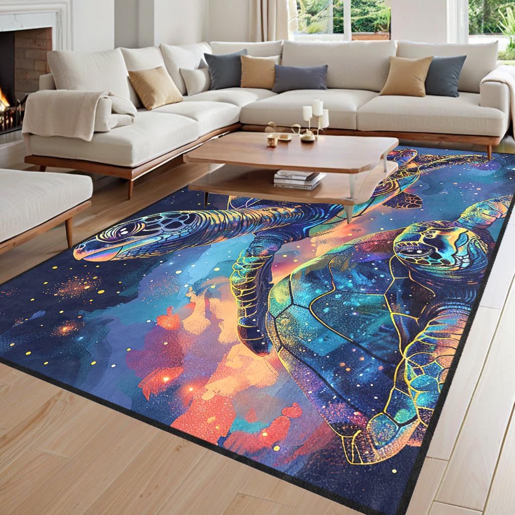 Galaxy Theme Sea Turtle Rug for Kids Bedroom, Animal Print Playroom Carpet, Non-Slip Floor Mat for Children