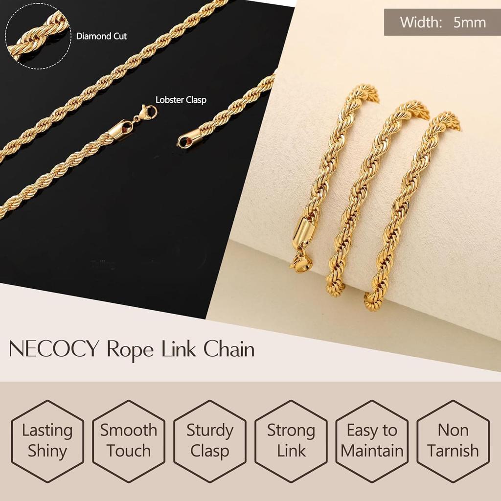 Classic 2/3/4/5MM Gold Plated Stainless Steel Rope Twist Chain Necklace for Men Women Waterproof Fade Resistant
