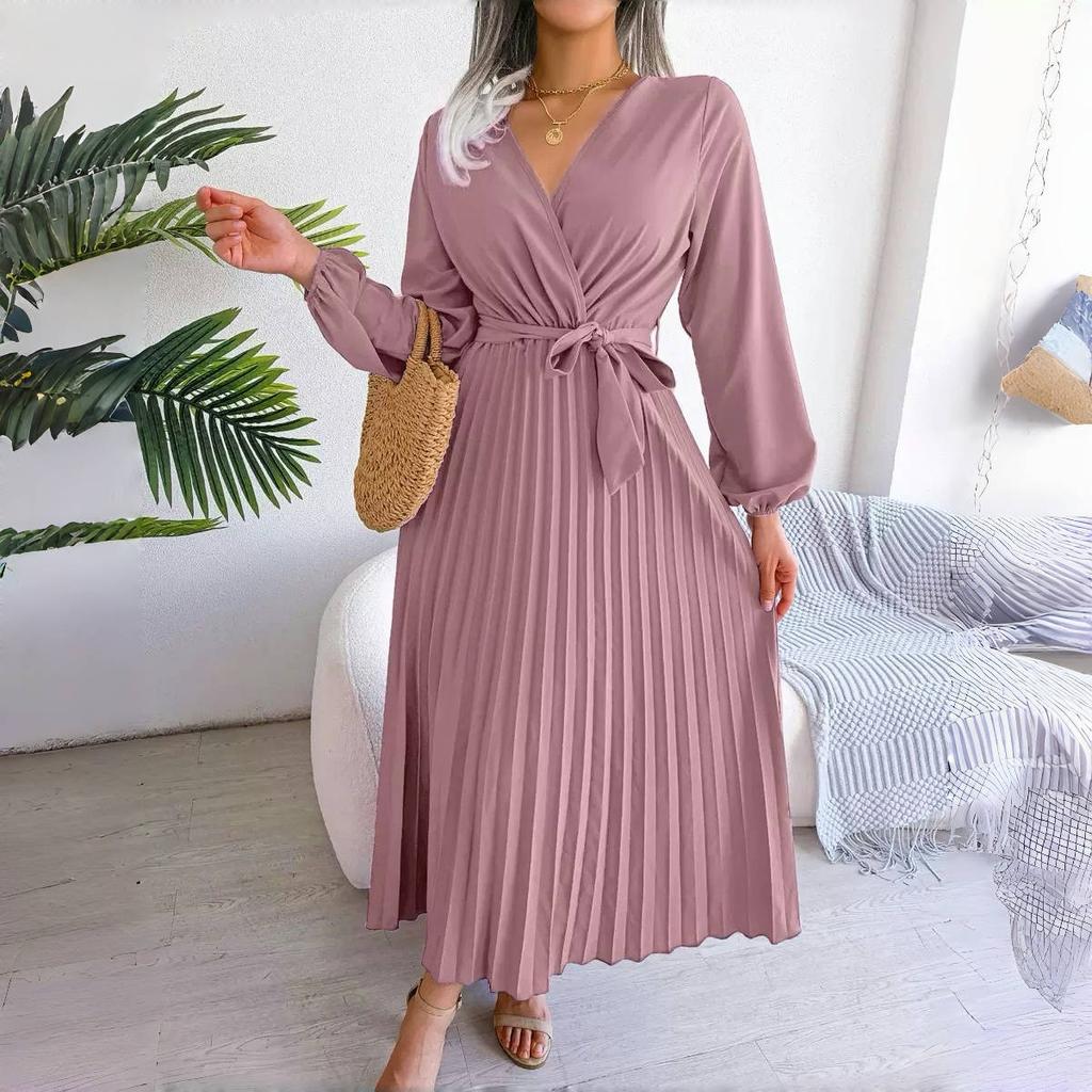 Women Cross Solid Color V Neck Hem Pleated Long Dress For Fashion