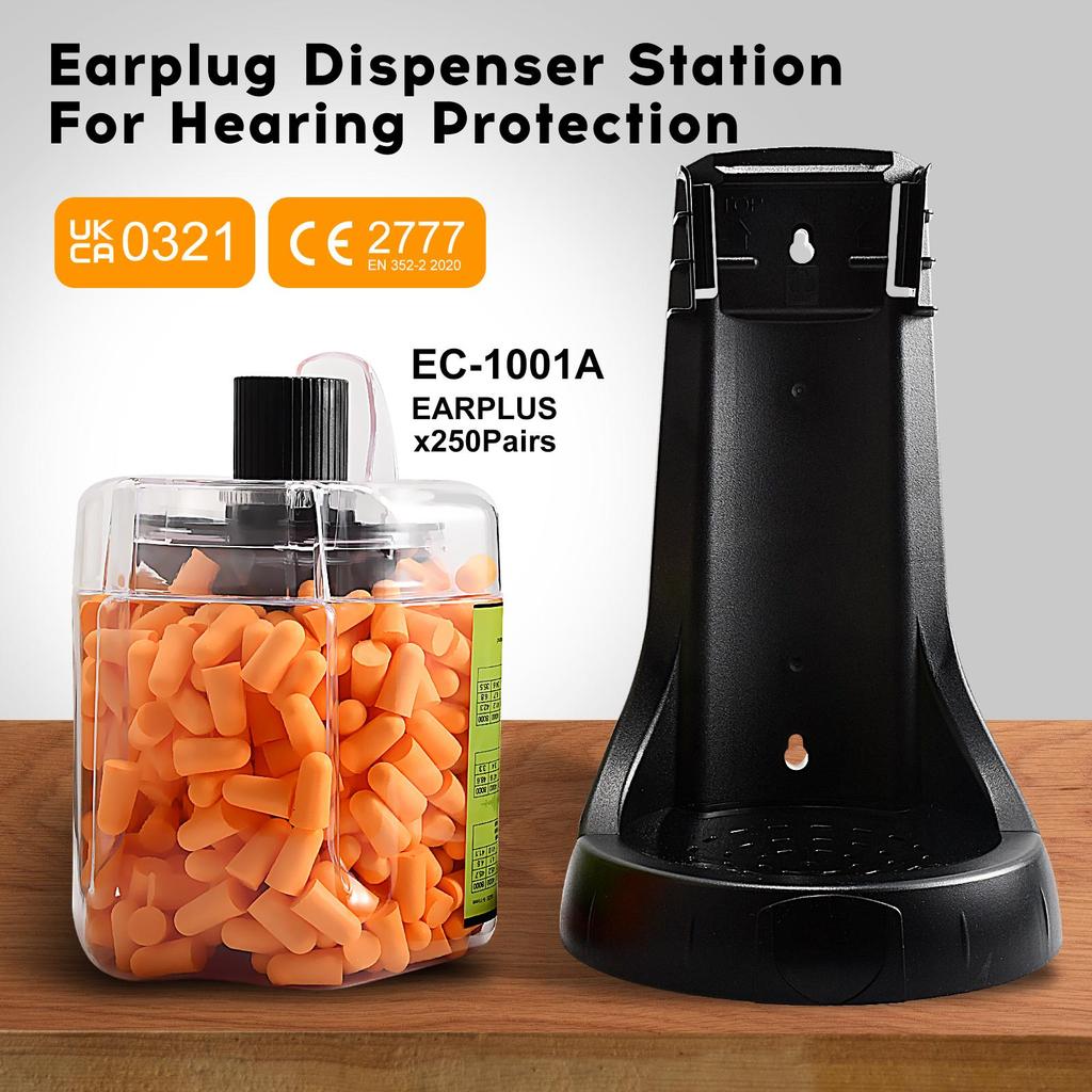 LOEBUCK Earplug Dispenser Station for Sound Suppression/Hearing Protection - Pre installed 500 Earplugs - Wall mounted/Desktop Design (Model EPD-500)
