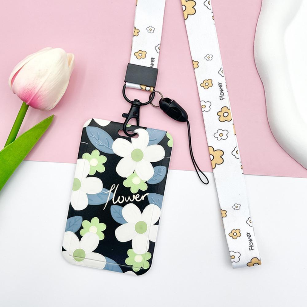 Sweet Floral Card Protective Sleeve Neck Strap Lanyard Card Holder Cute Card Case  ID/Bus/Bank Card