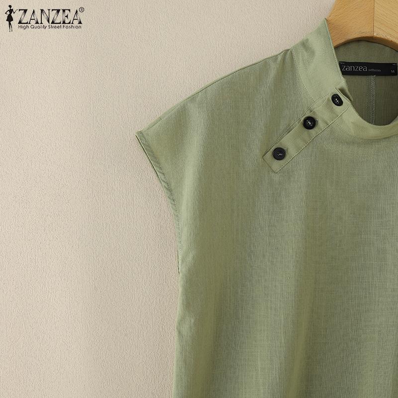 ZANZEA Women Side Button Stand Collar Summer Short Sleeve Blouse