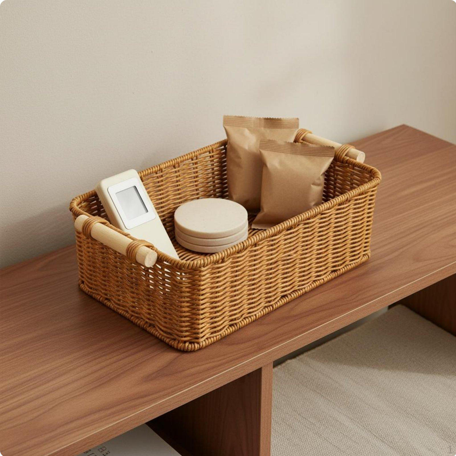 Imitation Rattan Storage Basket Versatile Wicker Organizer Sturdy Frame Rectangular Desktop S