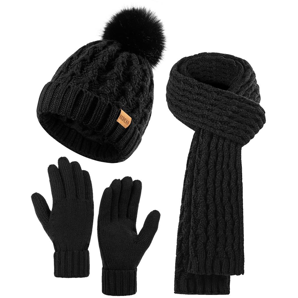 Winter women's knitted wool ball cap, thick long scarf, elastic gloves, three-piece set, casual and warm, suitable for winter