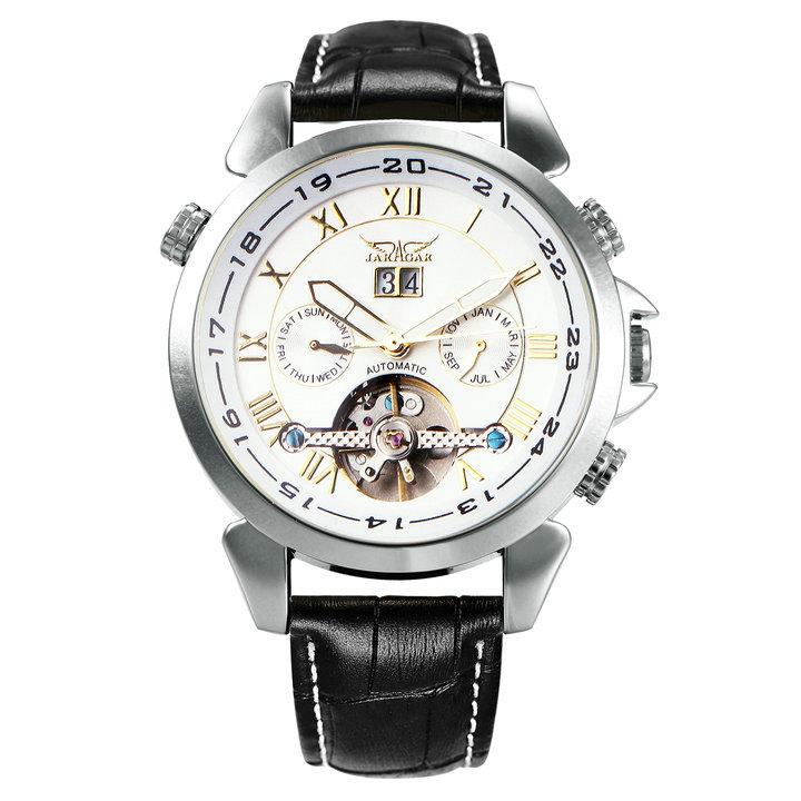 Jaragar Mechanical Watch Men Automatic Gold Mens Watches Top Brand Luxury Tourbillon Calendar Leather Belt Male Clocks Relojes