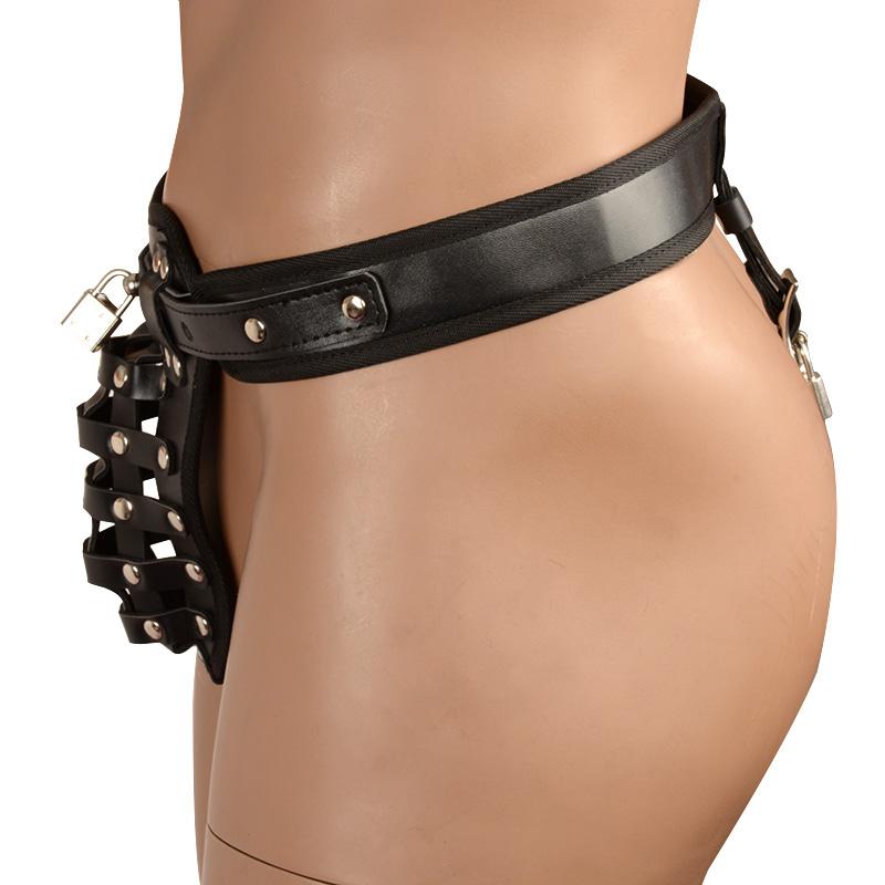 Men Leather Lingerie Chastity Cage Panties Cock Bondage Restraints Sex Belt Male Chastity Thongs with Lock Penis Cage Sex Toys