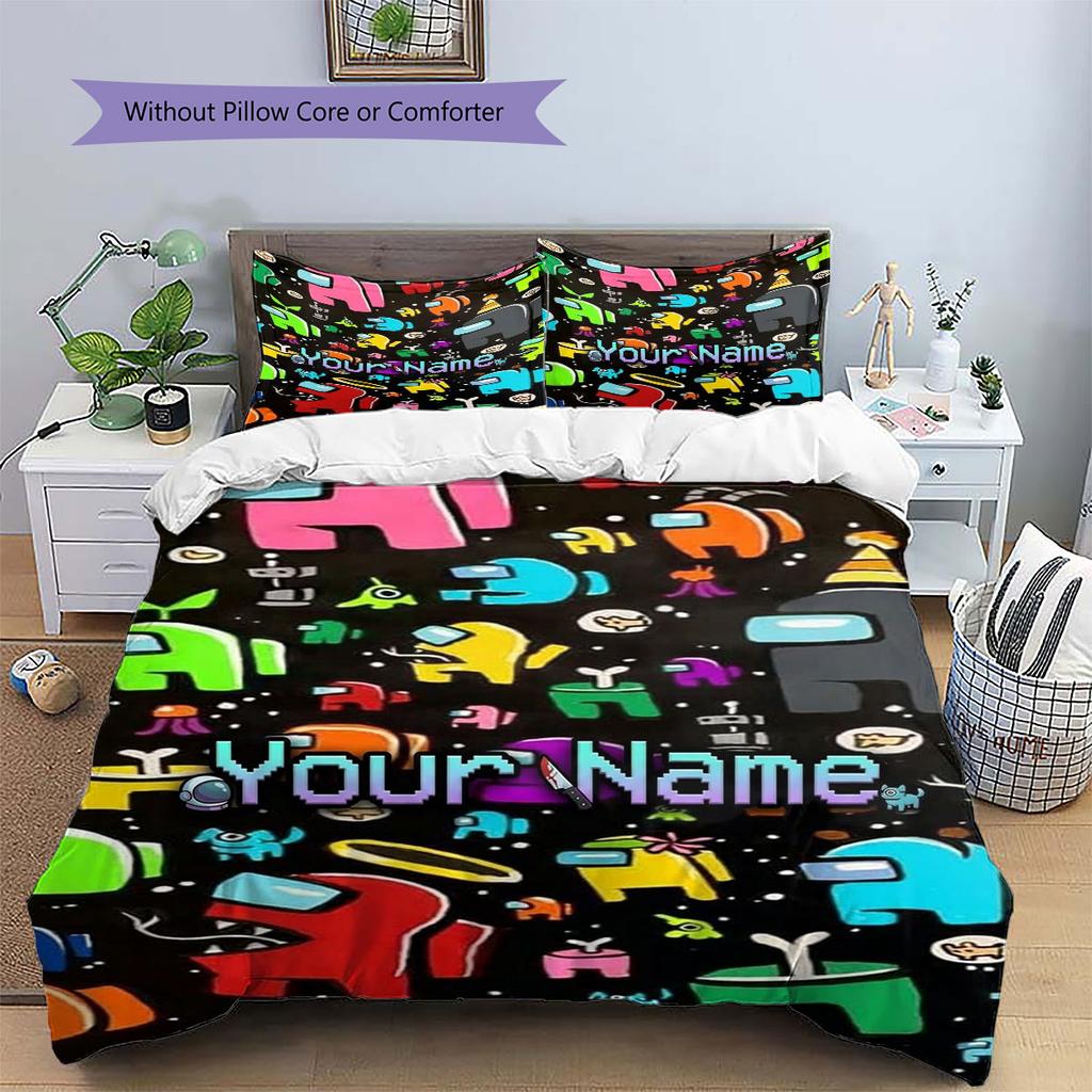 Among Us Custom Name Pattern Bedding,Quilt Set Quilt Cover Pillowcase Home Birthday Gift(1 * Duvet Cover + 2 * Pillowcase, Without Core)
