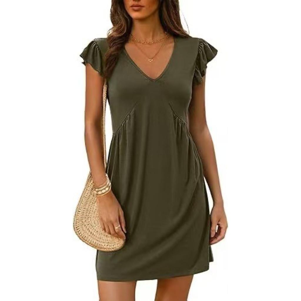 Damen V-Ausschnitt Rüschen Kurzarm A-Linie Hohe Taille Einfarbig Midi Kleid Sommer Lässig Elegant Tägliches Tragen