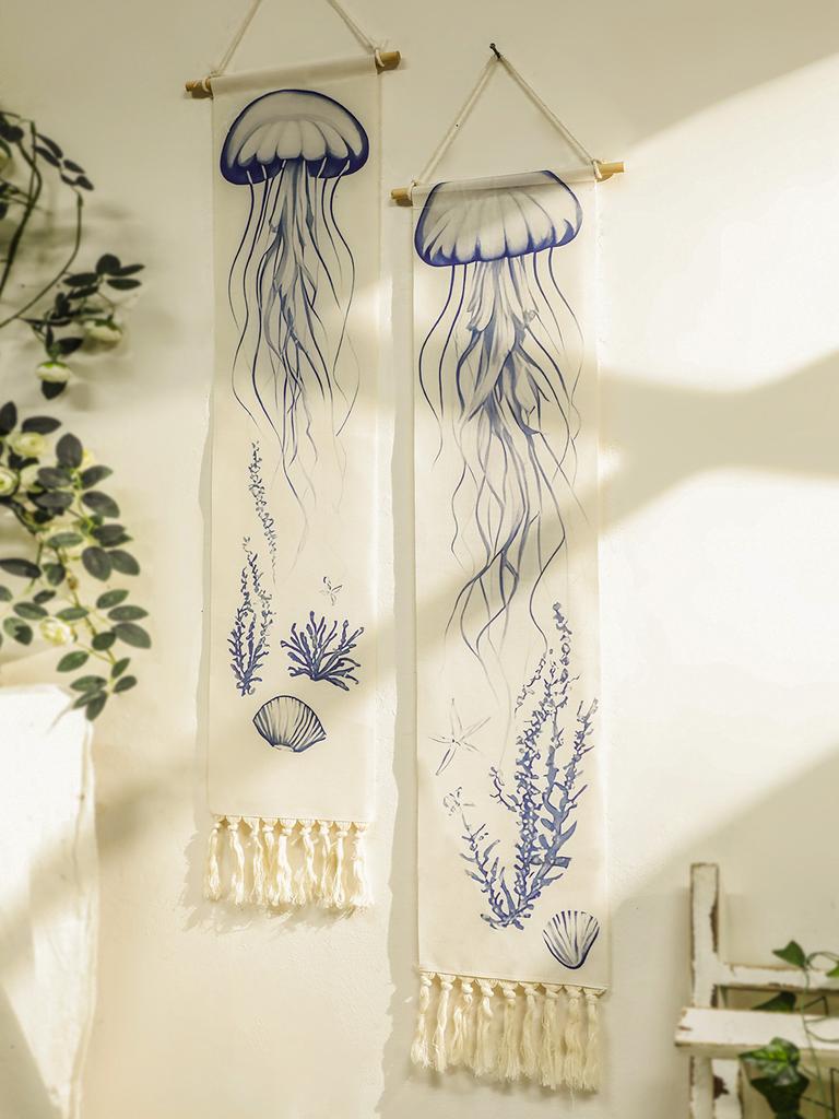 Boho Jellyfish Tapestry Wall Hanging Nautical Style Macrame Tapestries Decor with Tassels Wall Decorations for Home Bedroom Gift