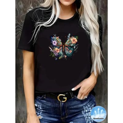 Women's Vintage Floral Butterfly Print T-Shirt Loose Black Short Sleeve Summer Casual Trendy Top