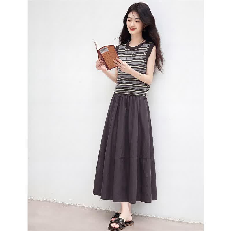Women's Striped Sleeveless T-Shirt & A-Line Skirt Set